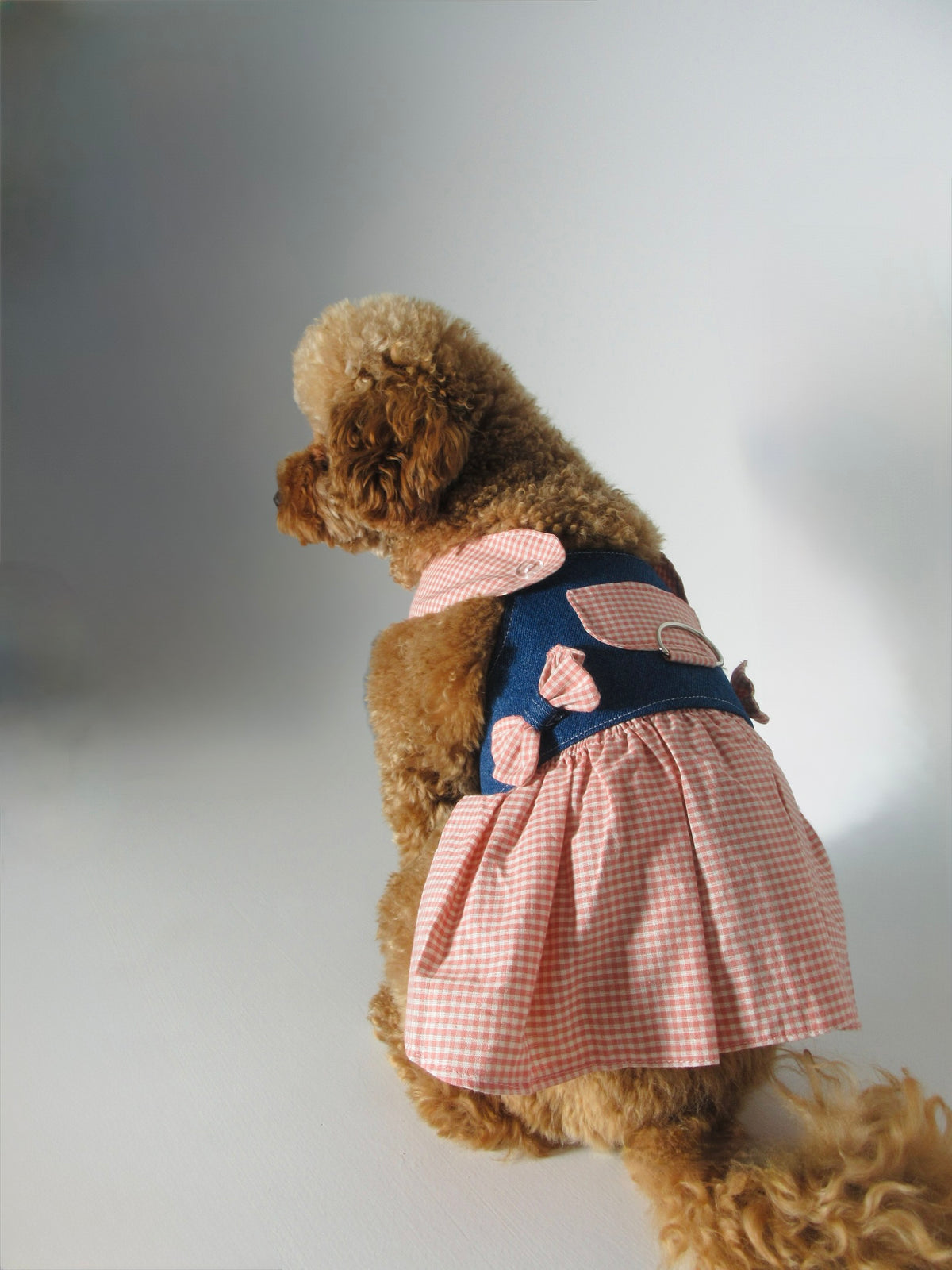 Denim gingham harness dog dress