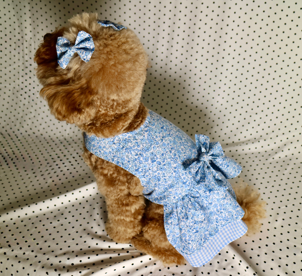 Blue floral gingham dog dress with matching hair bows
