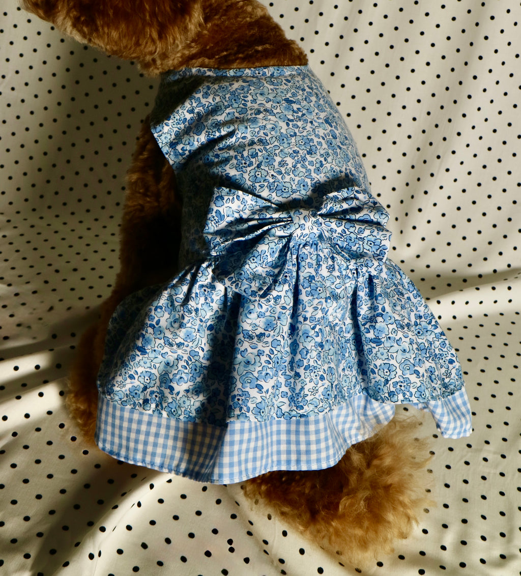 Blue floral gingham dog dress with matching hair bows